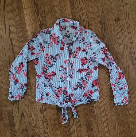 Floral/stripped cotton button up blouse - Picture 1 of 5